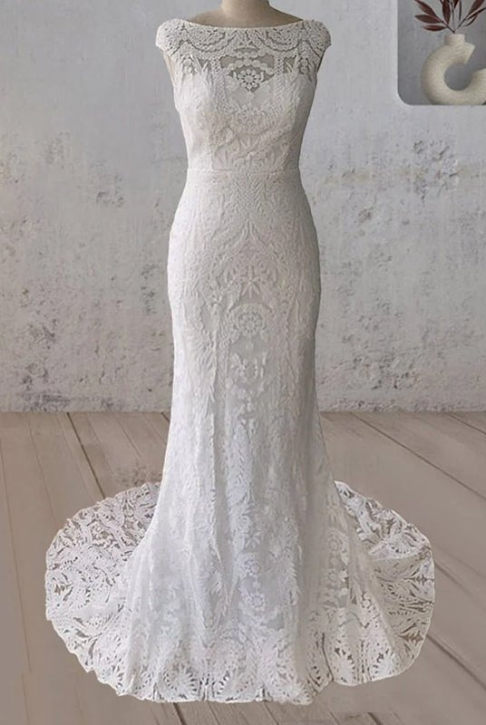 White Mermaid Cap Sleeve Lace Wedding Dress - KissProm