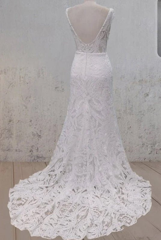 White Mermaid Cap Sleeve Lace Wedding Dress - KissProm