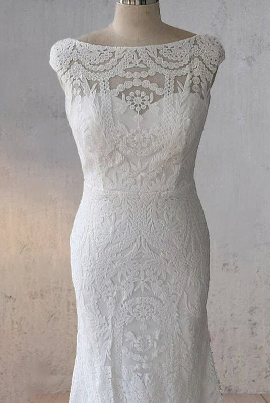 White Mermaid Cap Sleeve Lace Wedding Dress - KissProm