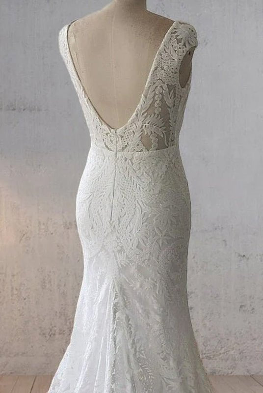 White Mermaid Cap Sleeve Lace Wedding Dress - KissProm