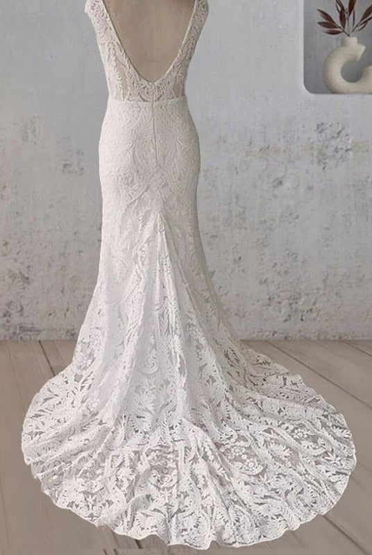 White Mermaid Cap Sleeve Lace Wedding Dress - KissProm