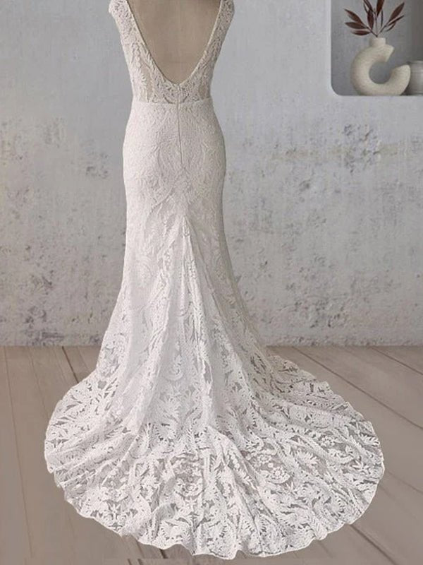 White Mermaid Cap Sleeve Lace Wedding Dress - KissProm