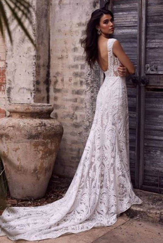 White Mermaid Cap Sleeve Lace Wedding Dress - KissProm