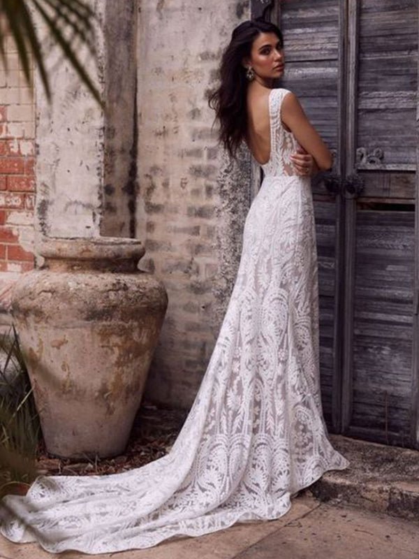 White Mermaid Cap Sleeve Lace Wedding Dress - KissProm