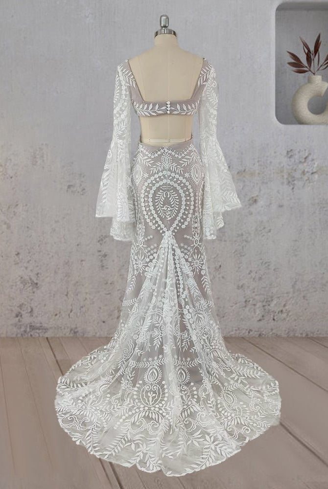 White Mermaid Enchantment Flower Prints Wedding Dress