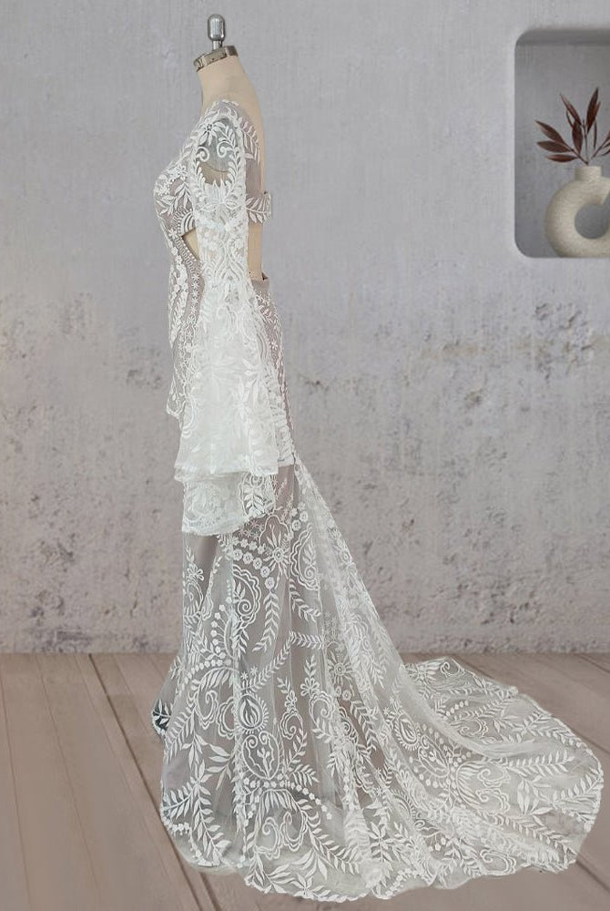 White Mermaid Enchantment Flower Prints Wedding Dress