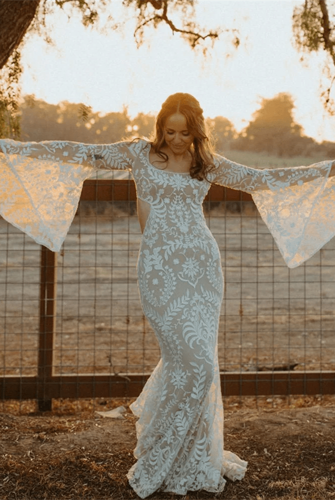 White Mermaid Enchantment Flower Prints Wedding Dress