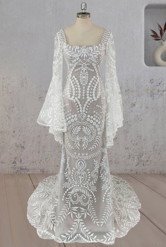 White Mermaid Enchantment Flower Prints Wedding Dress