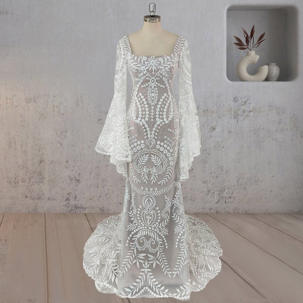 White Mermaid Enchantment Flower Prints Wedding Dress White-Nude / 14 White Mermaid Enchantment Flower Prints Wedding Dress White-Nude / 14