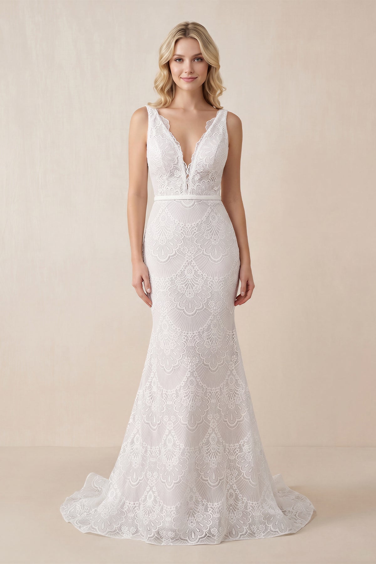 KissProm Bohemian Lace wedding Dresses Mermaid V-Neck Backless Bridal Gowns, White-Nude / Custom Size