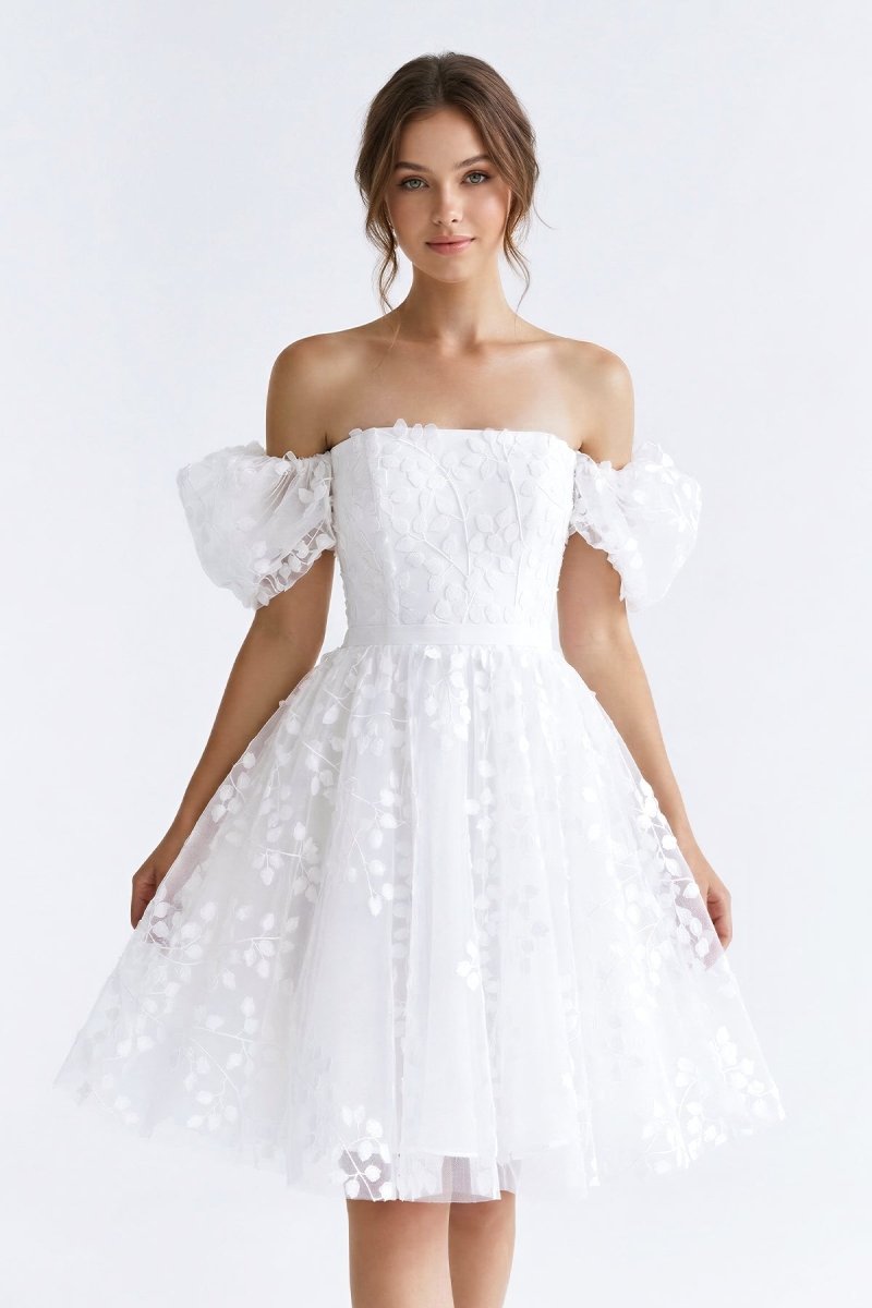 White Off-the-Shoulder A-Line Lace Graduation Dress