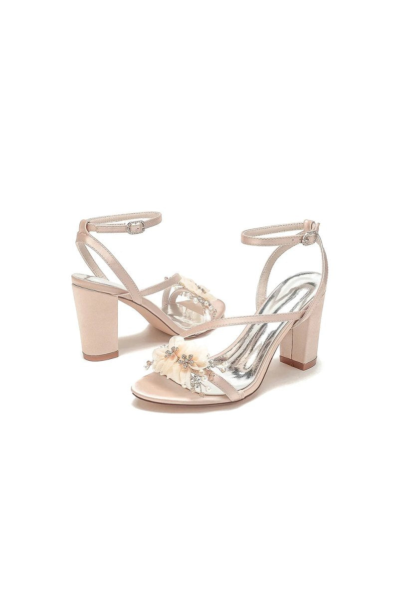 White Open Toe Ankle Strap Chunky Heels with Rhinestone Flower - KissProm