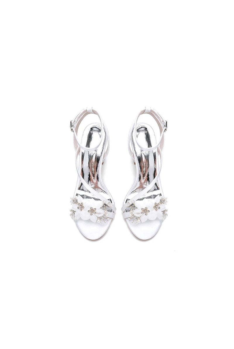 White Open Toe Ankle Strap Chunky Heels with Rhinestone Flower - KissProm