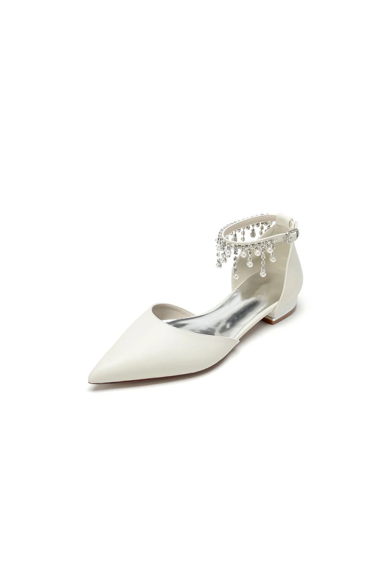 White Pearl Beaded Ankle Strap Pointed Toe Low Heels - KissProm