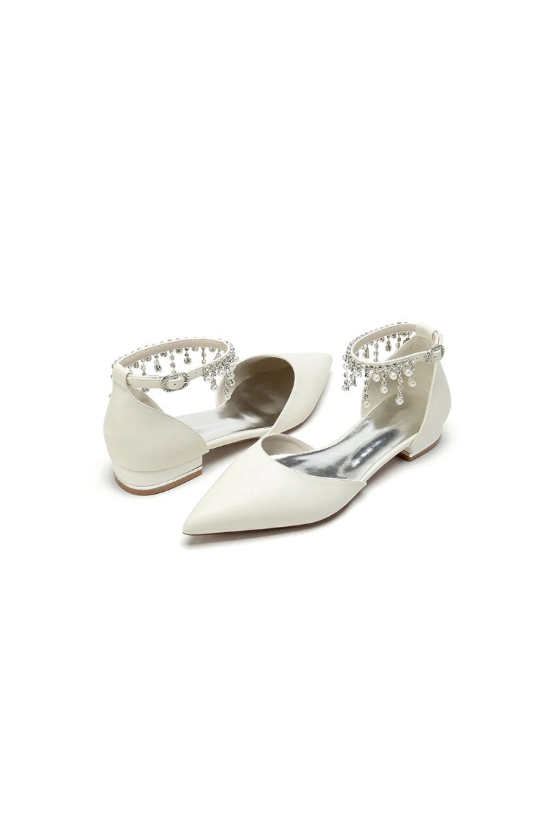 White Pearl Beaded Ankle Strap Pointed Toe Low Heels - KissProm