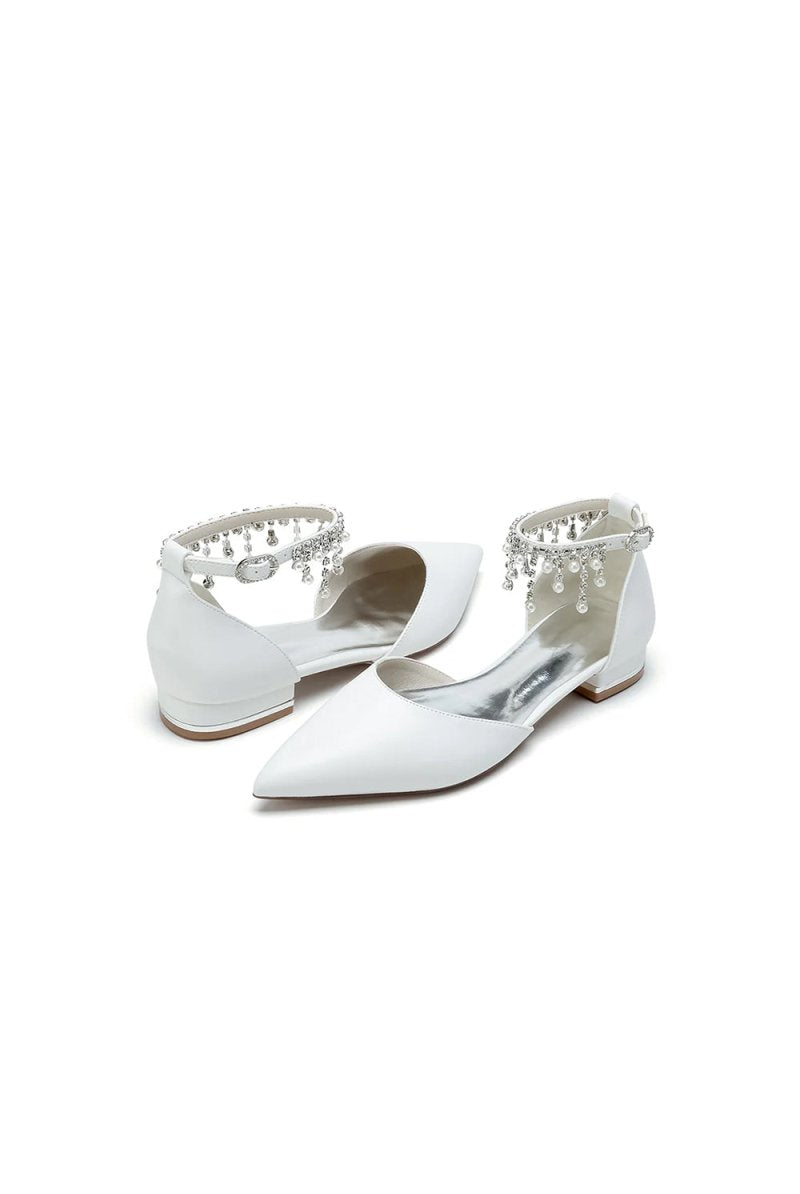 White Pearl Beaded Ankle Strap Pointed Toe Low Heels - KissProm