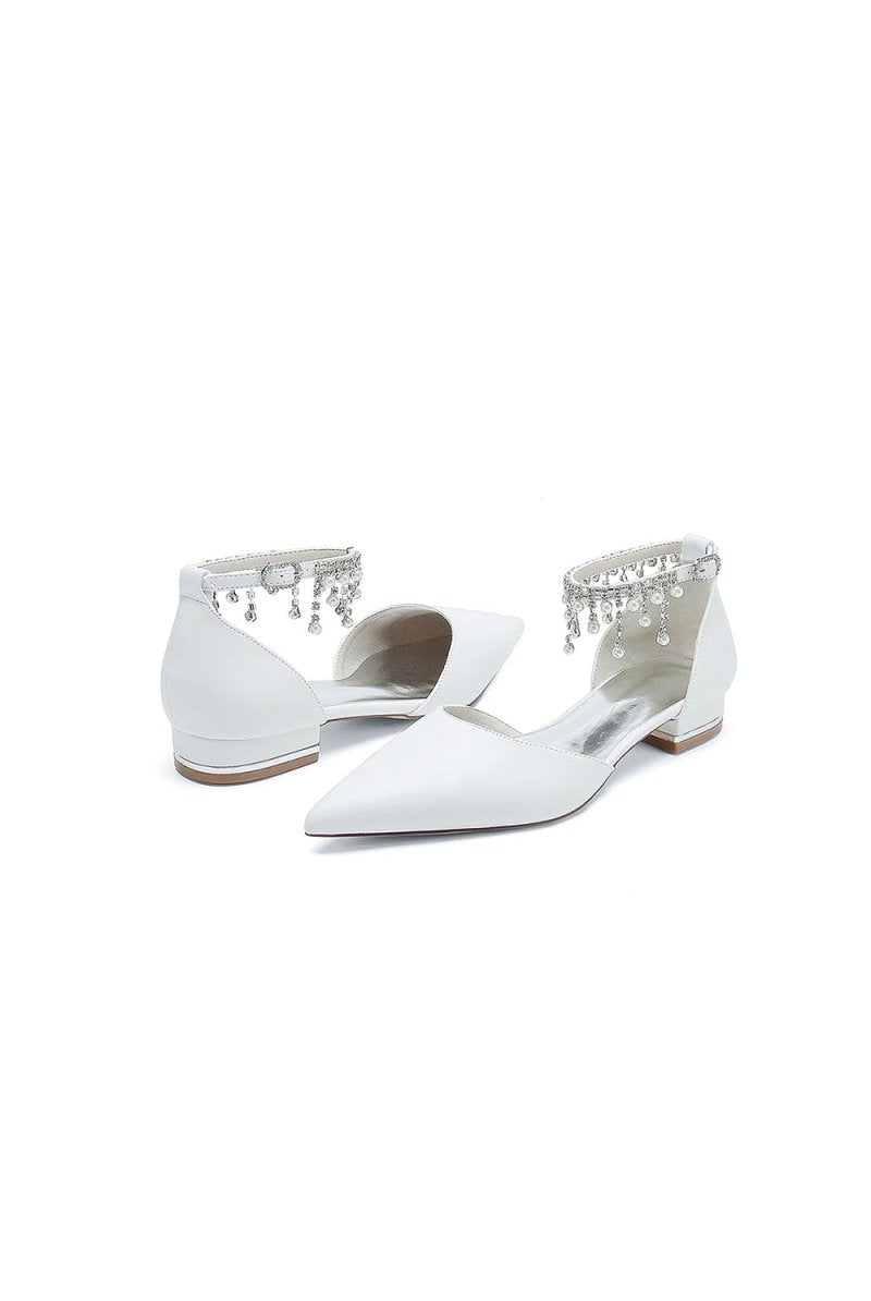 White Pearl Beaded Ankle Strap Pointed Toe Low Heels - KissProm