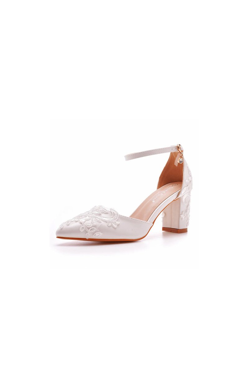White Pointed Toe Lace Ankle Strap Chunky Heels - KissProm