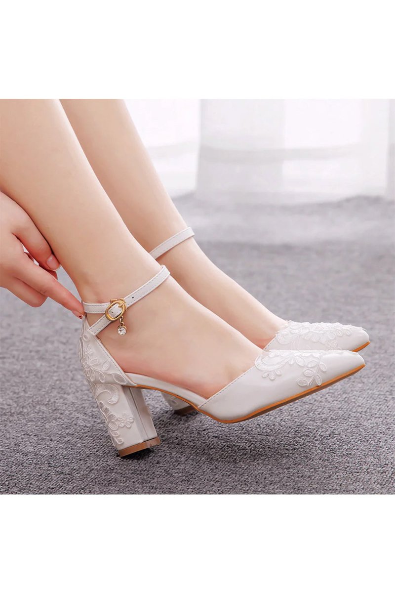 White Pointed Toe Lace Ankle Strap Chunky Heels - KissProm