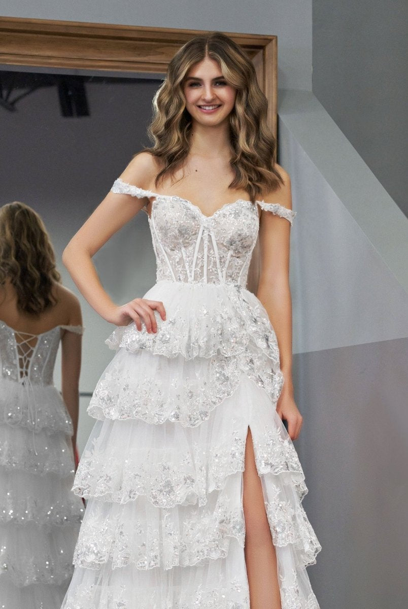 Capri | A-Line Lace Off-the-Shoulder Tiered Long Prom Dress with Slit