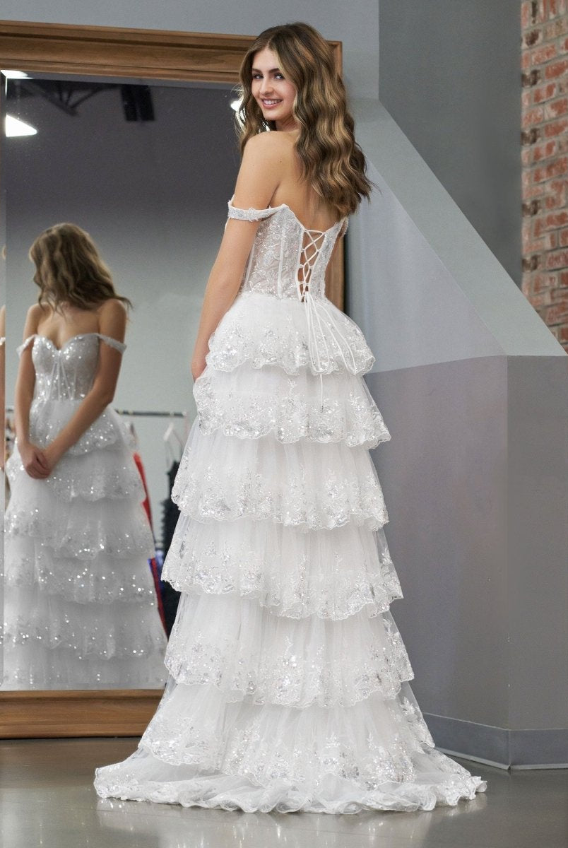 Capri | A-Line Lace Off-the-Shoulder Tiered Long Prom Dress with Slit