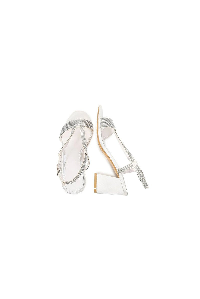 White Rhineshones Open Toe Block Heel Sandal - KissProm