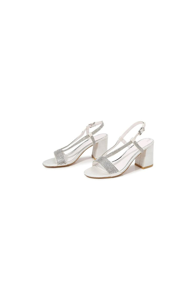 White Rhineshones Open Toe Block Heel Sandal - KissProm