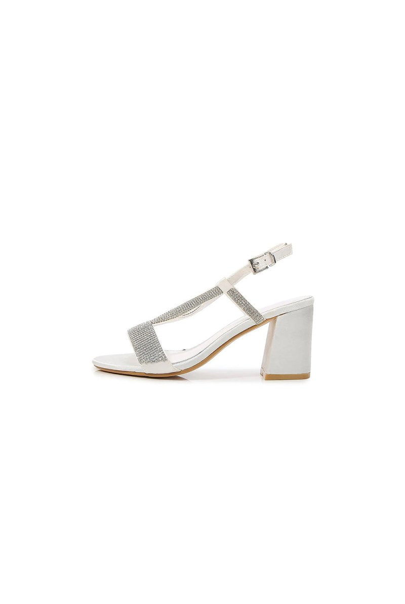White Rhineshones Open Toe Block Heel Sandal - KissProm