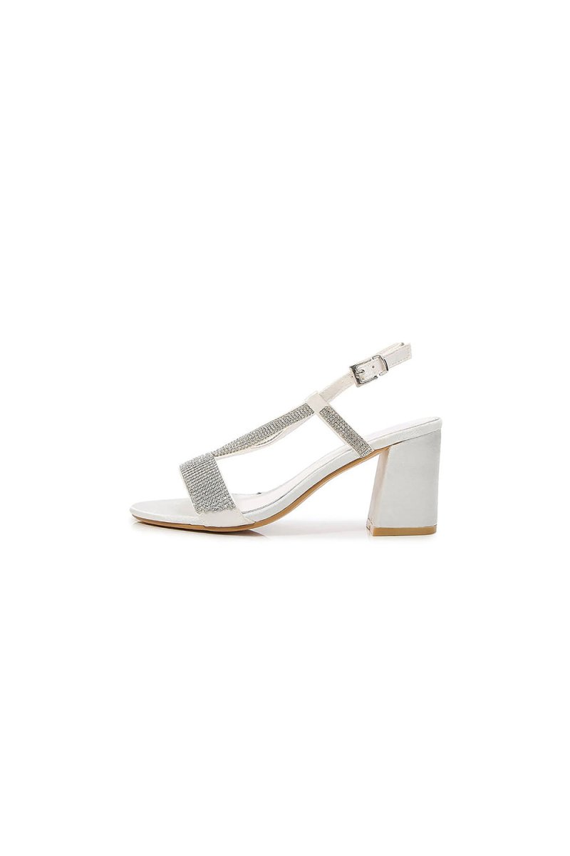 White Rhineshones Open Toe Block Heel Sandal - KissProm