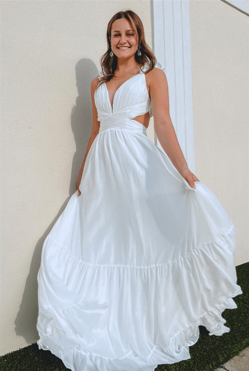 White Ruffle Straps Pleated Cut-Out Deep V Long Prom Dress