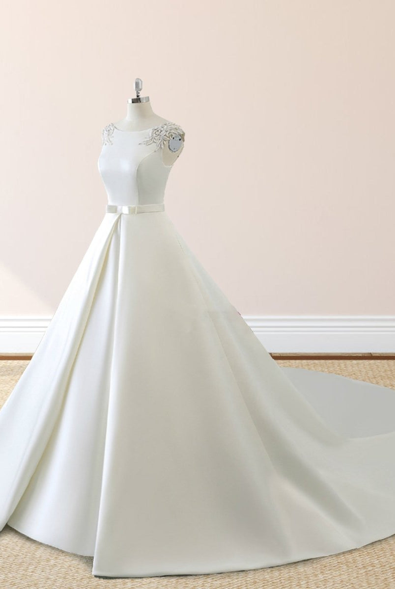 White Satin Cap Sleeve Lace-Up Wedding Dress With Pearls