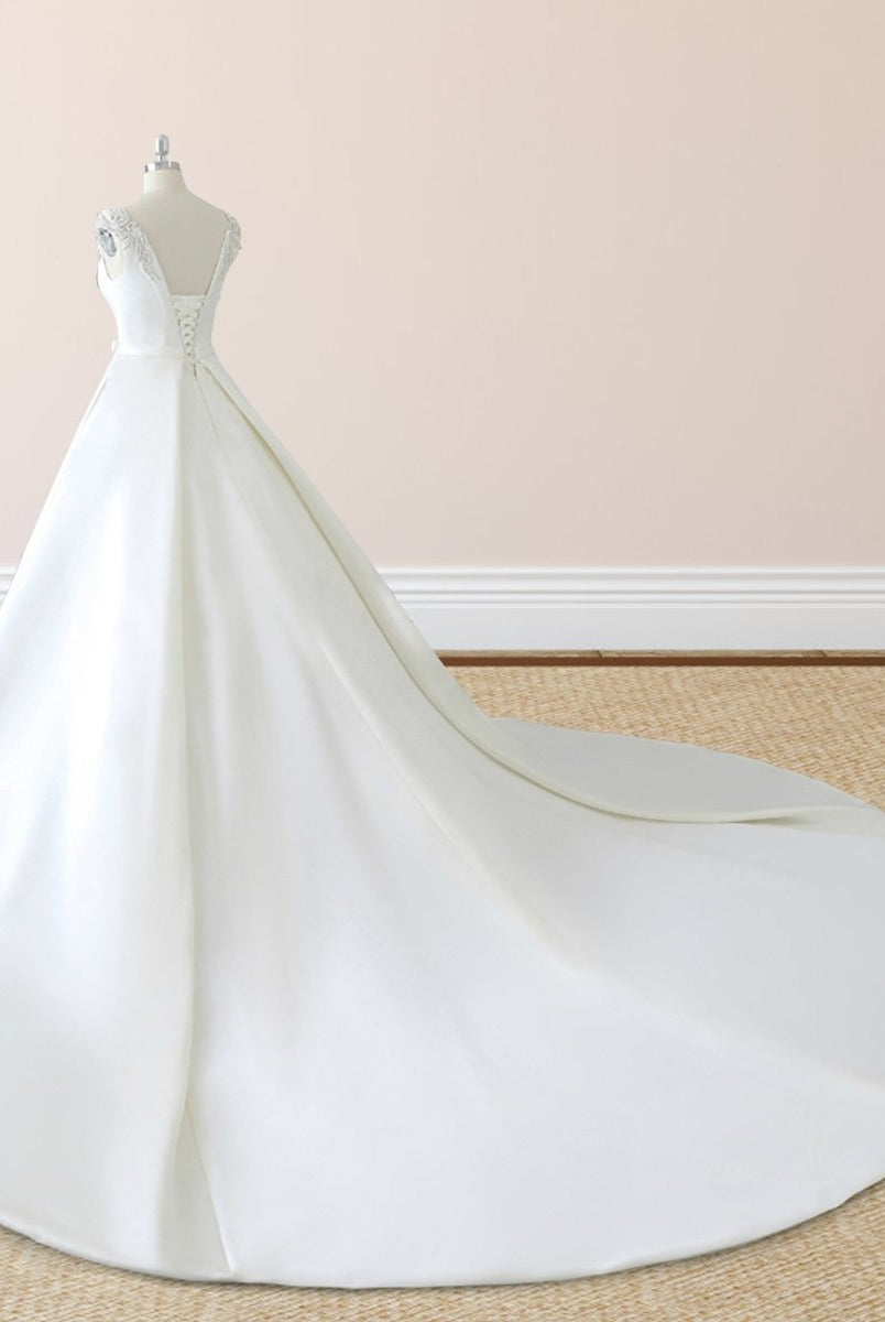 White Satin Cap Sleeve Lace-Up Wedding Dress With Pearls