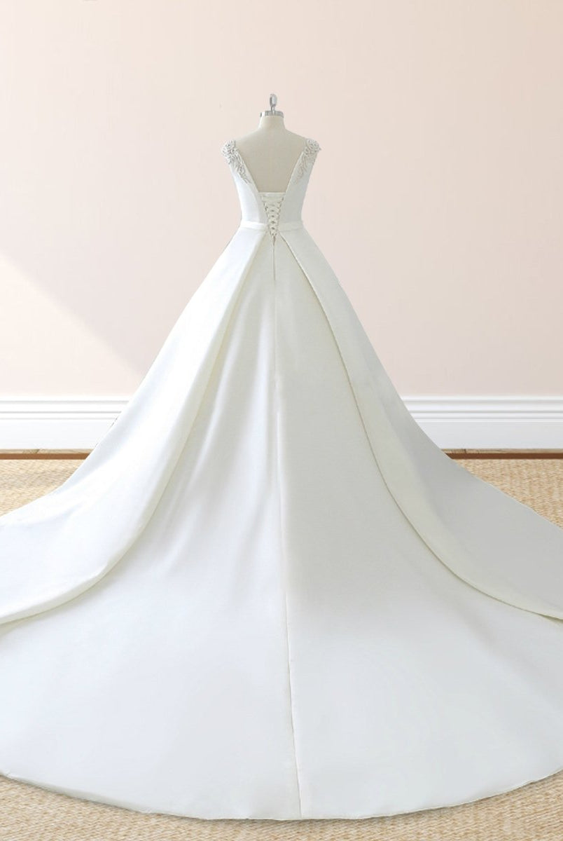 White Satin Cap Sleeve Lace-Up Wedding Dress With Pearls