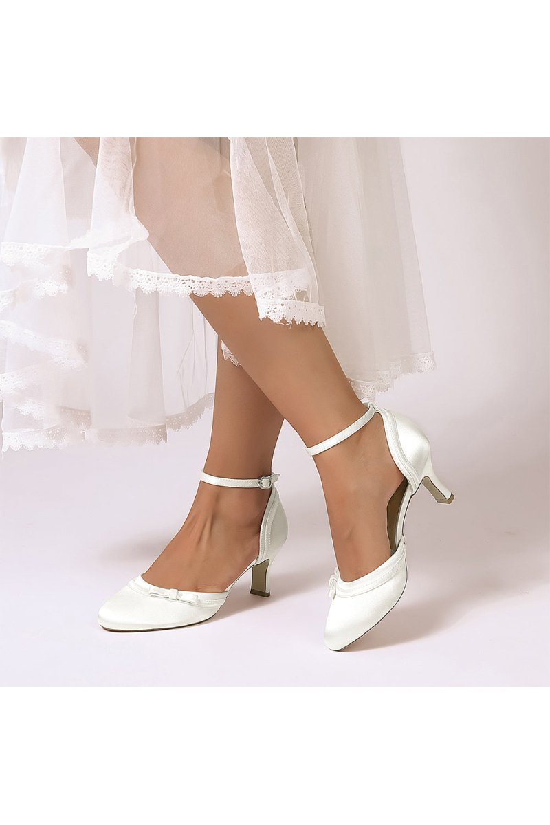 Navy Blue Satin High Heels with Bow Accent - KissProm