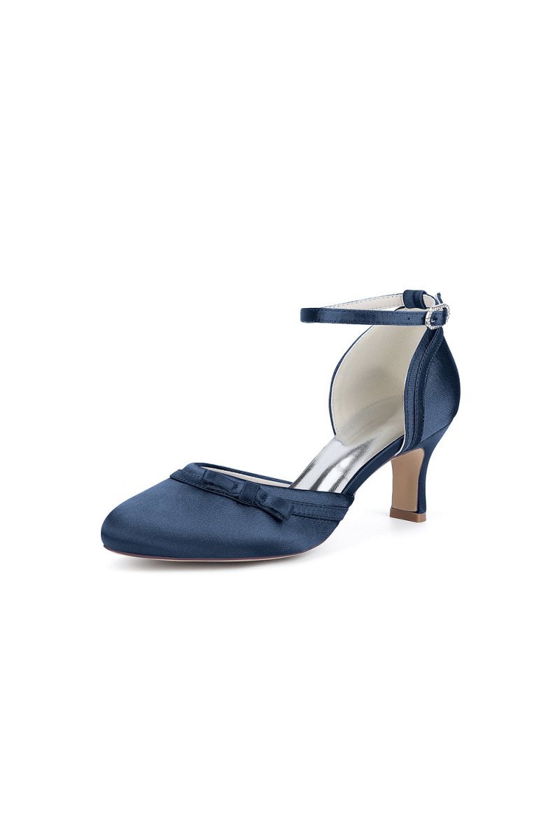 Navy Blue Satin High Heels with Bow Accent - KissProm