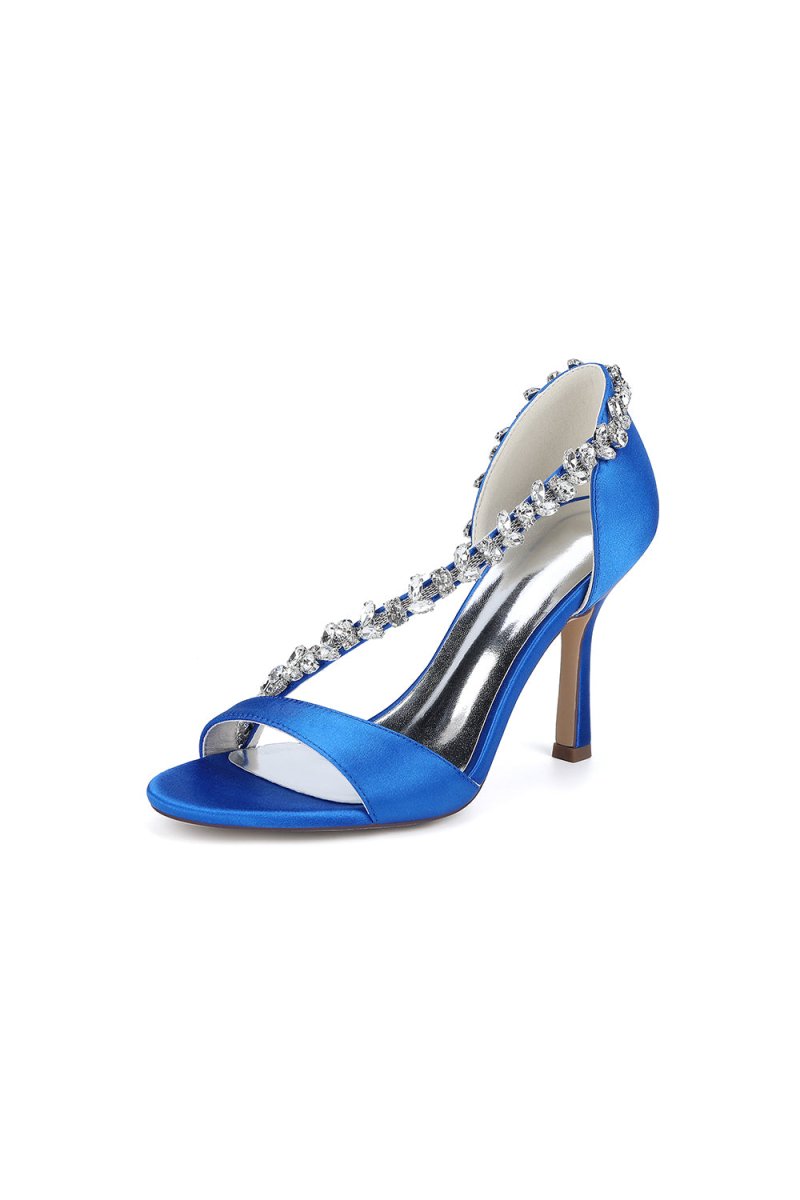 White Satin High Heels with Crystal and Chain Embellishments - KissProm