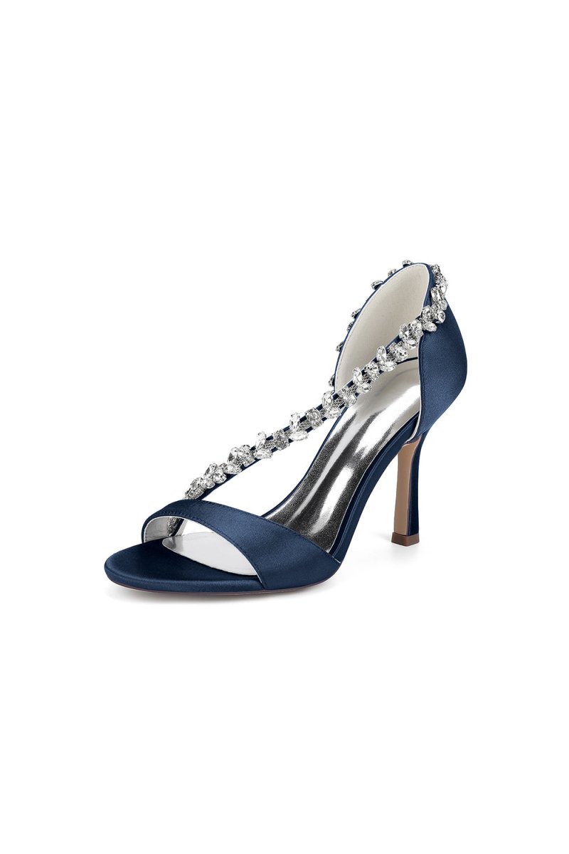 White Satin High Heels with Crystal and Chain Embellishments - KissProm
