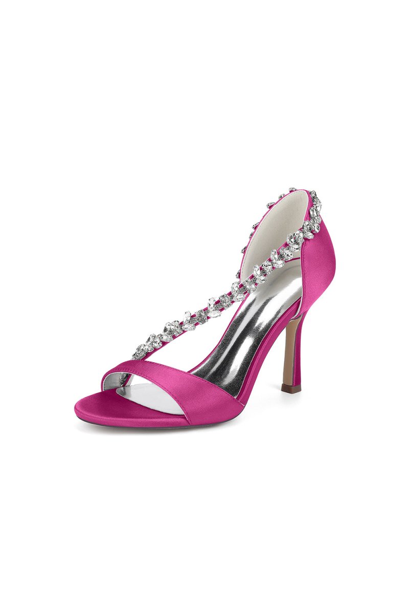 White Satin High Heels with Crystal and Chain Embellishments - KissProm