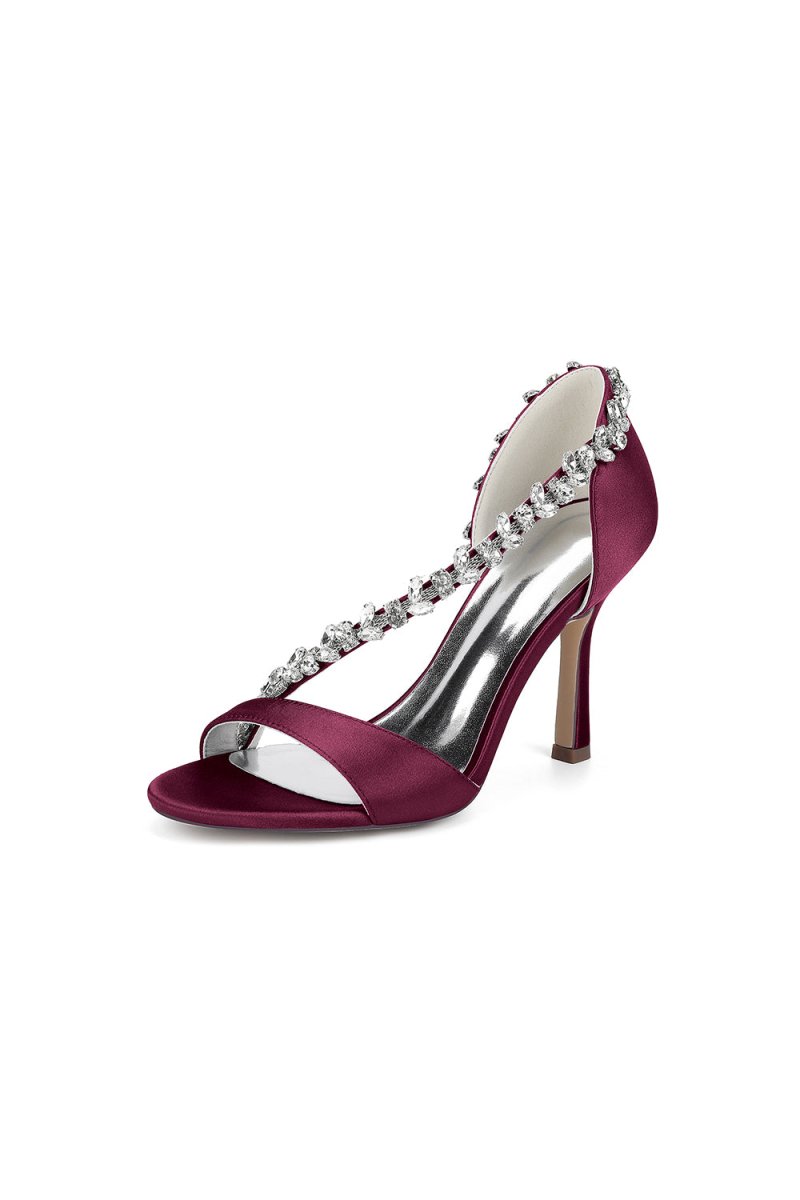 White Satin High Heels with Crystal and Chain Embellishments - KissProm