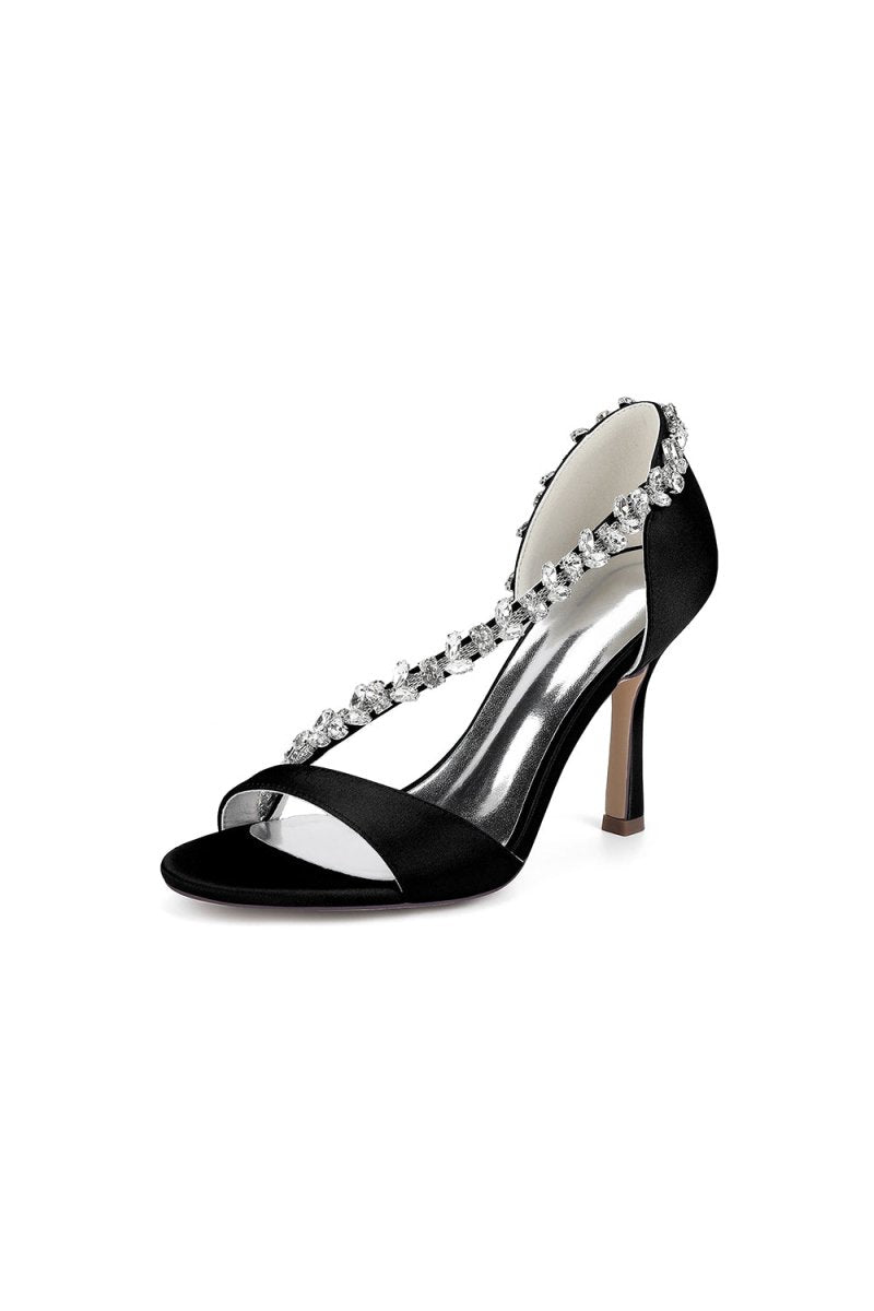 White Satin High Heels with Crystal and Chain Embellishments - KissProm
