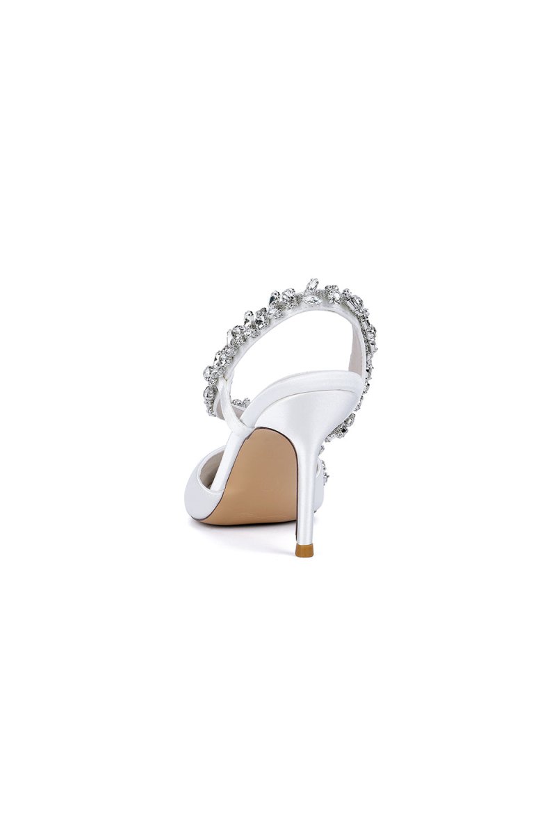 White Satin High Heels with Crystal Embellishments