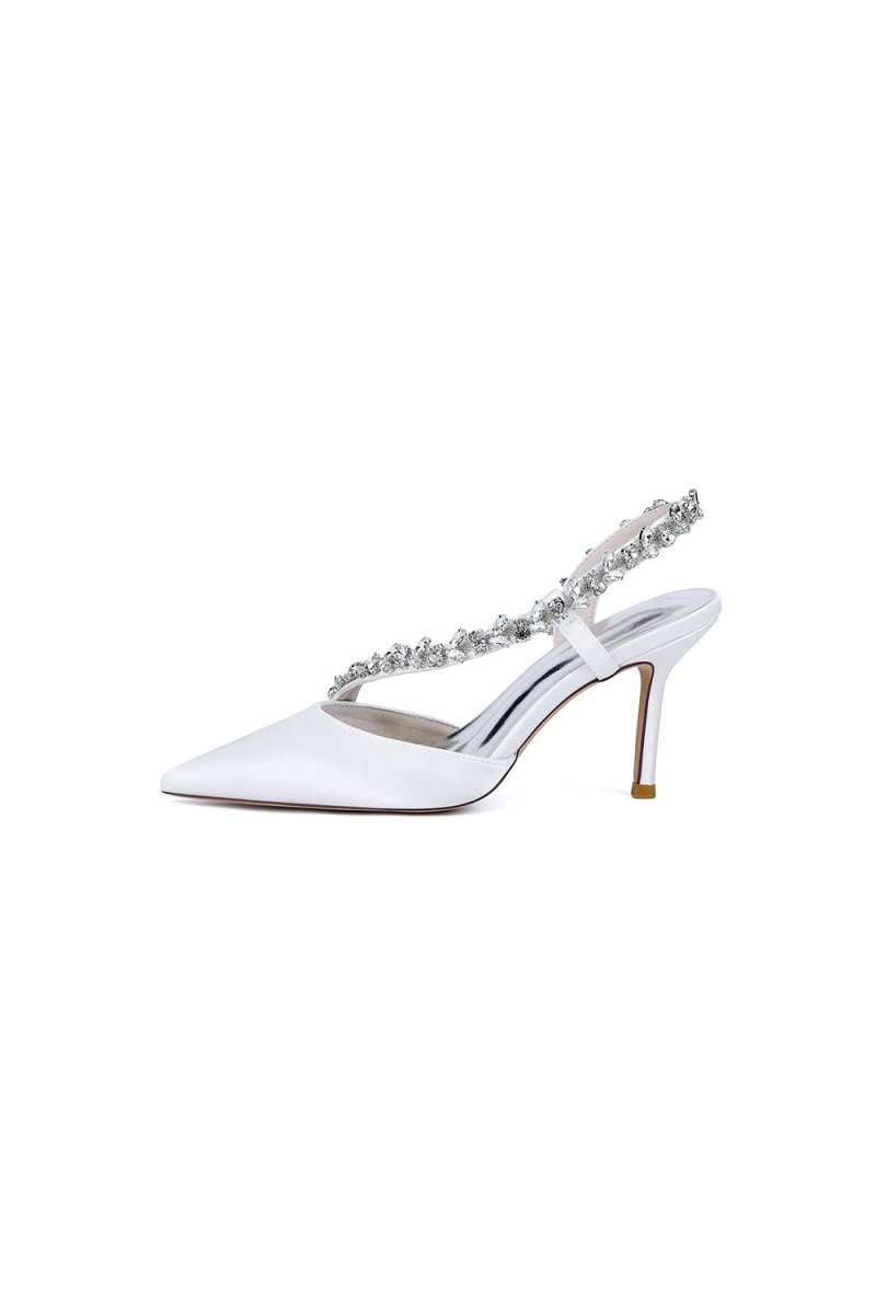 White Satin High Heels with Crystal Embellishments