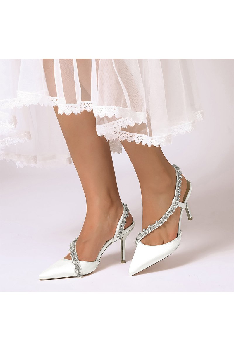 White Satin High Heels with Crystal Embellishments