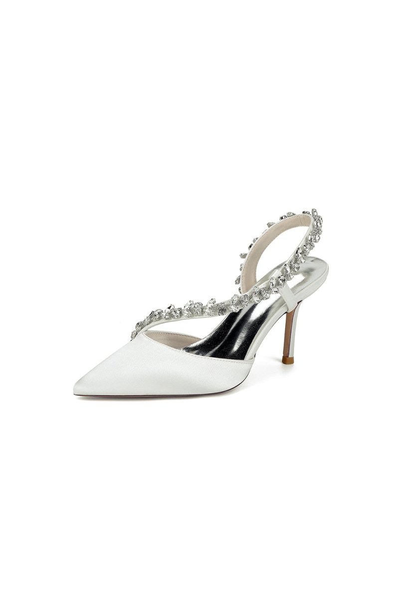 White Satin High Heels with Crystal Embellishments