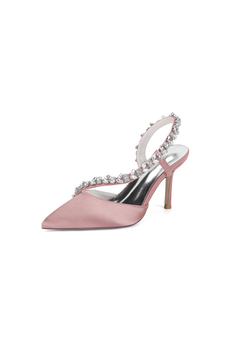 White Satin High Heels with Crystal Embellishments