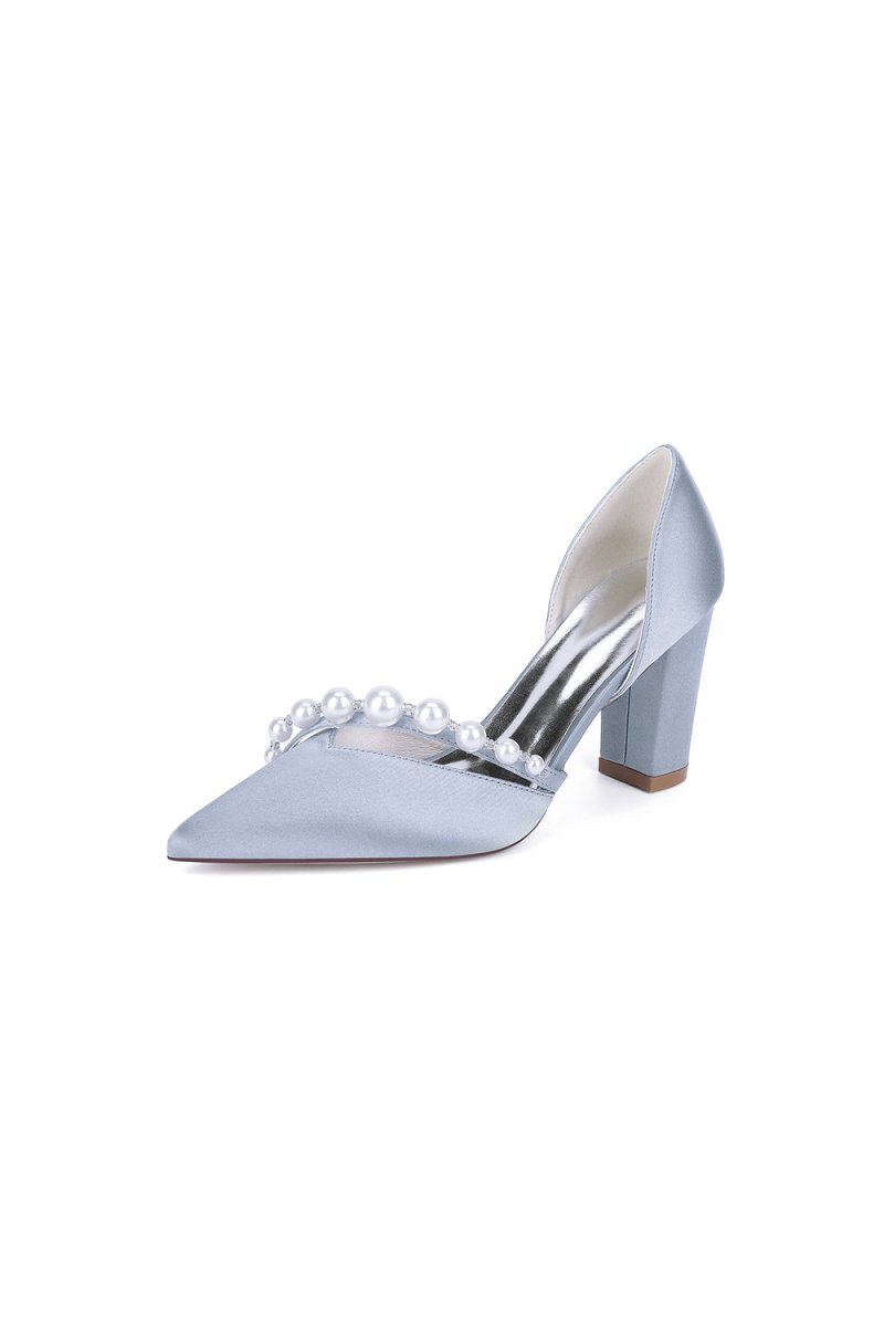 White Satin High Heels with Pearl Embellishments - KissProm