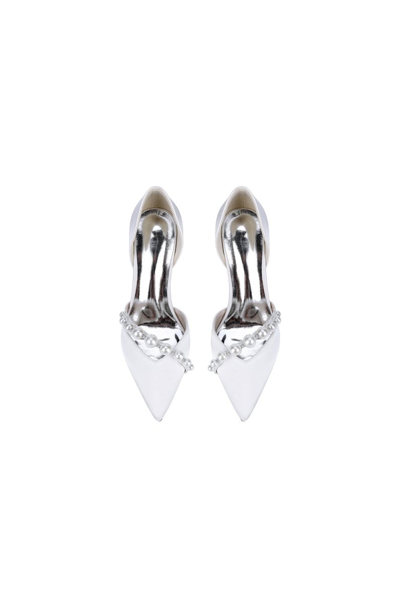 White Satin High Heels with Pearl Embellishments - KissProm