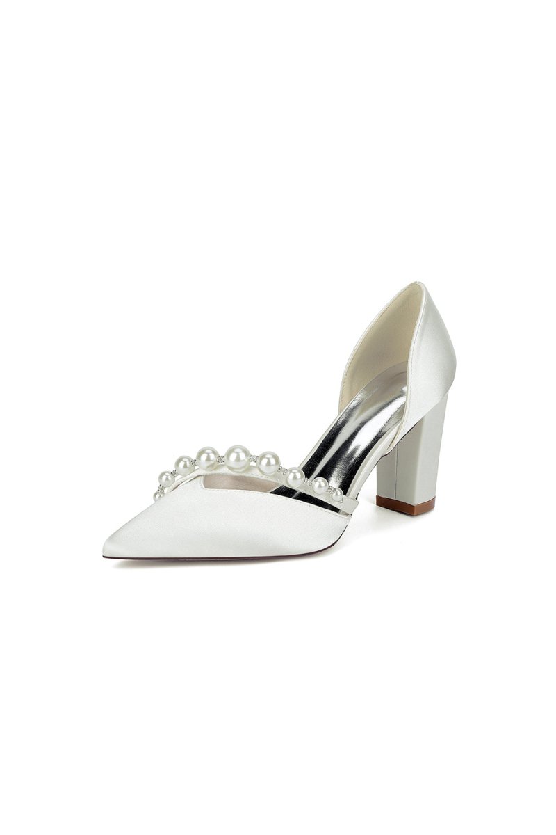 White Satin High Heels with Pearl Embellishments - KissProm