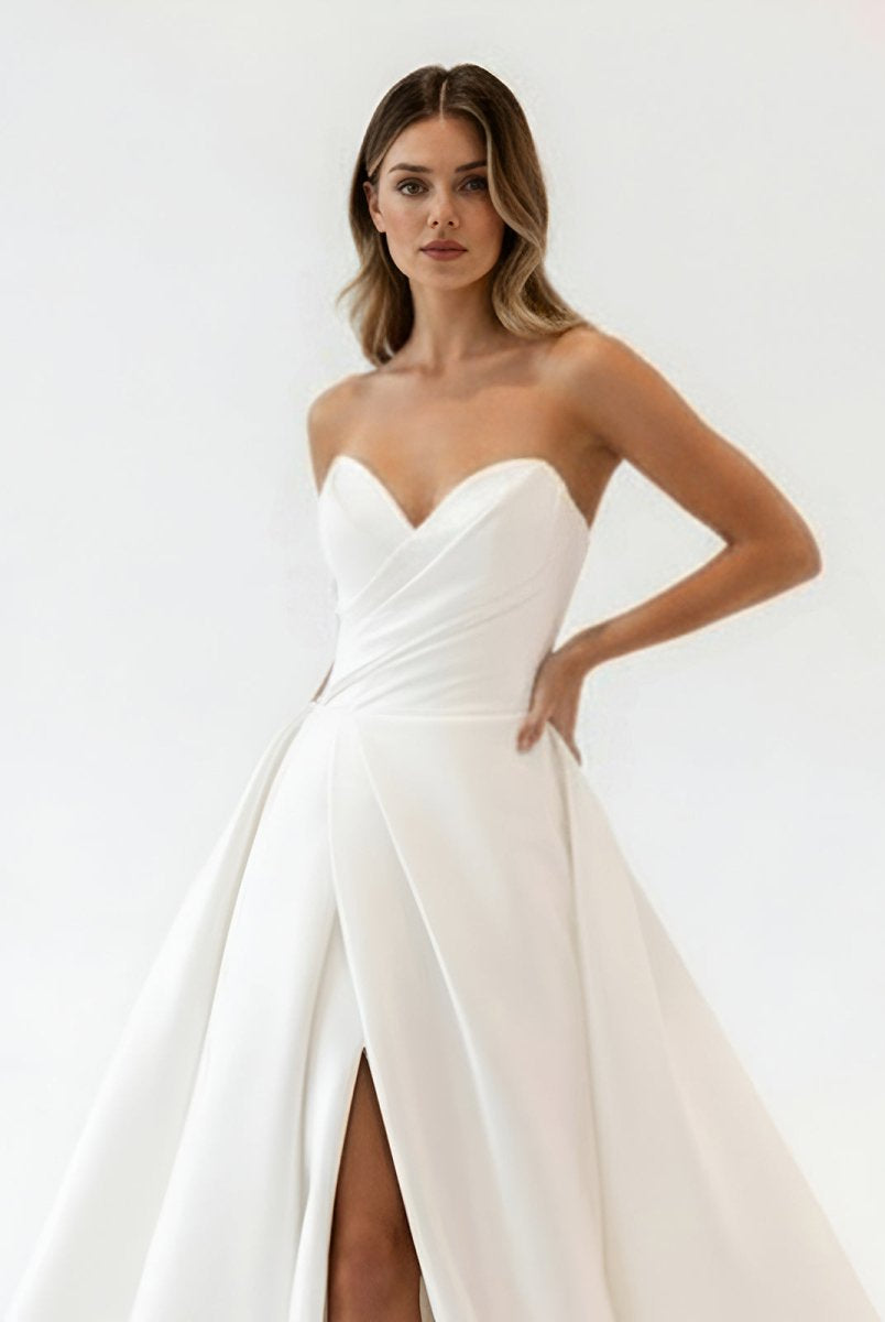 Milana | White Satin Long A - Line Wedding Dress with Slit - KissProm
