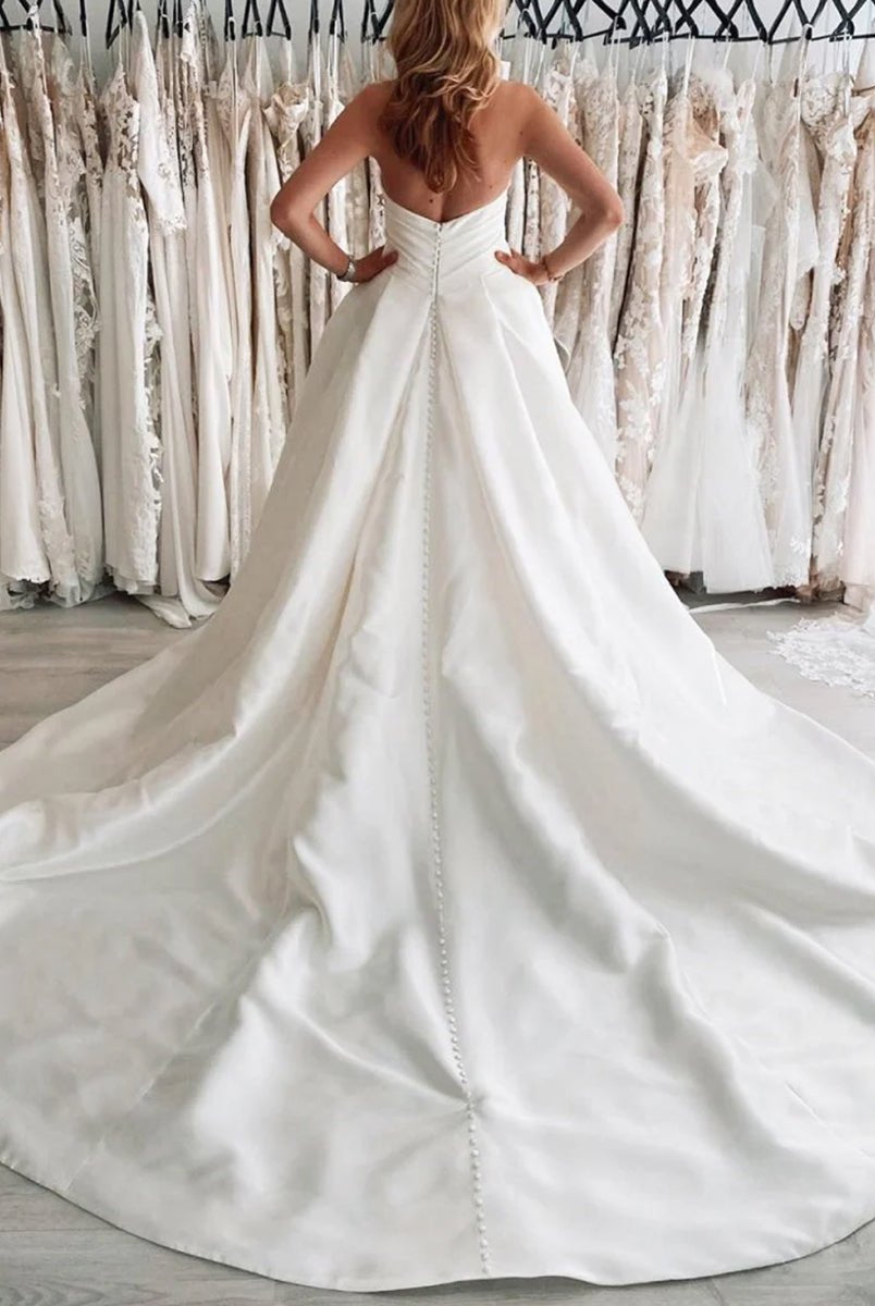 Milana | White Satin Long A - Line Wedding Dress with Slit - KissProm